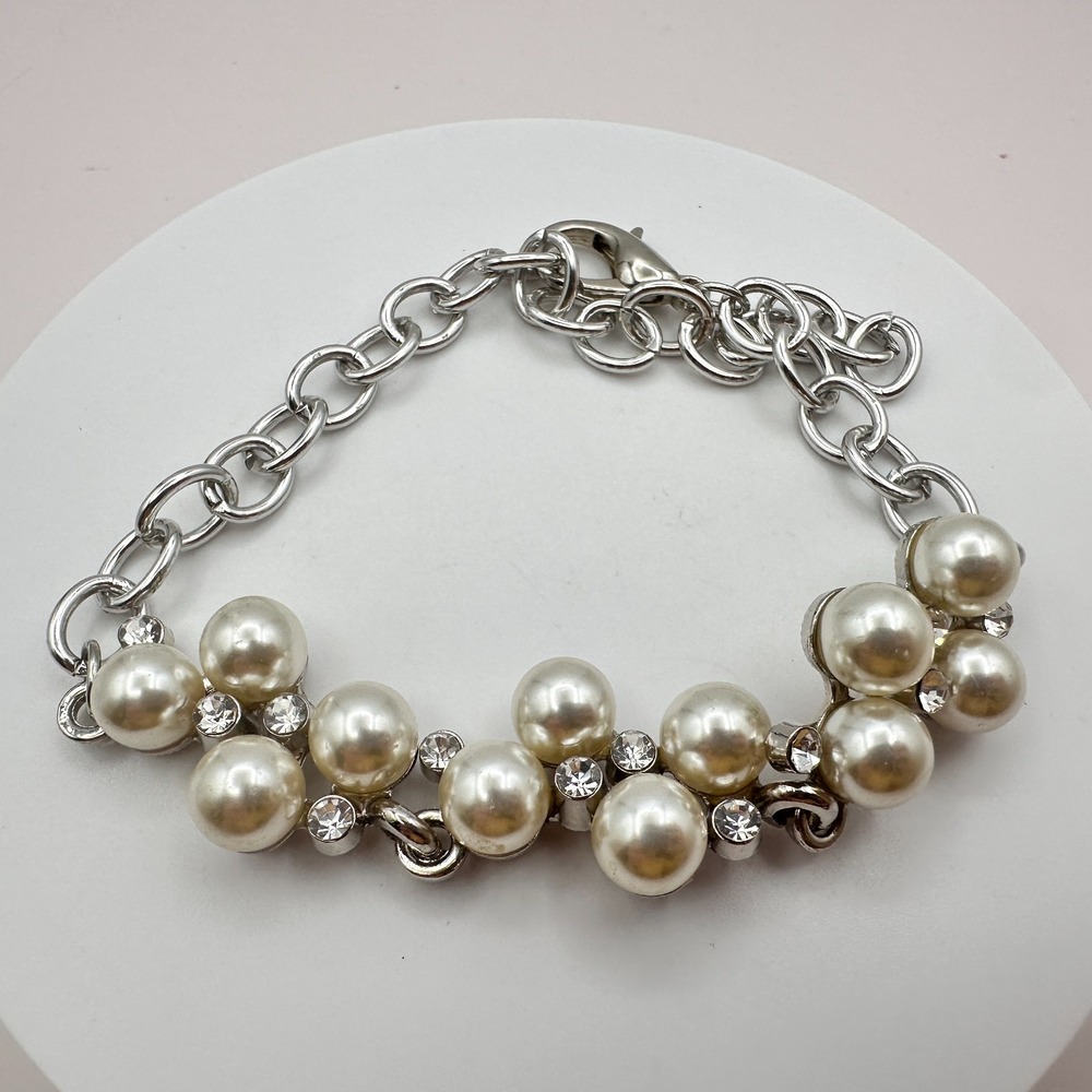 Vintage 90s Silver Tone Faux Pearl Rhinestone Bracelet - Classic Women's